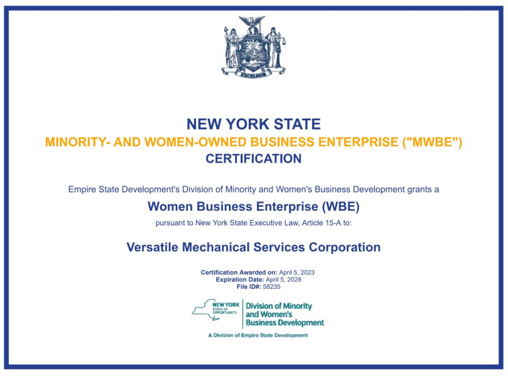 NYC & NYS WBE – Versatile Mechanical Services | Certified Women-Owned ...